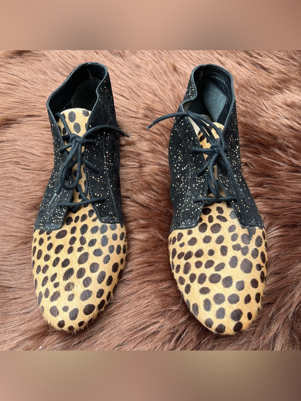 Loeffler Randall Leopard Calf Hair & Gold Speckled Black Suede Booties